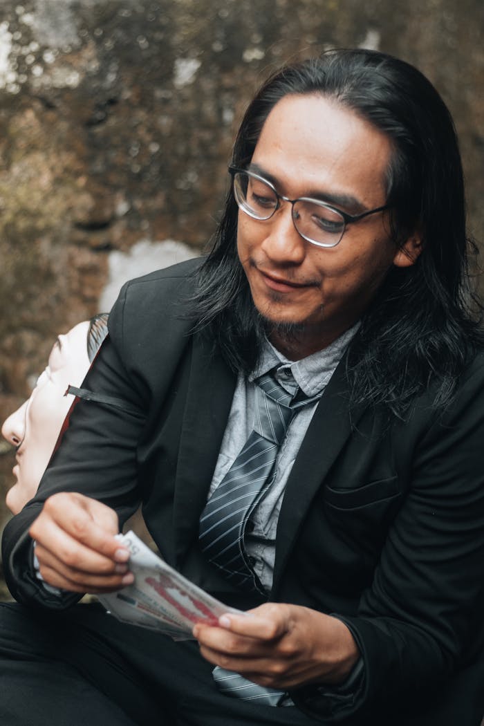 brand-02 Asian man in business attire holding a mask in a contemplative moment outdoors.