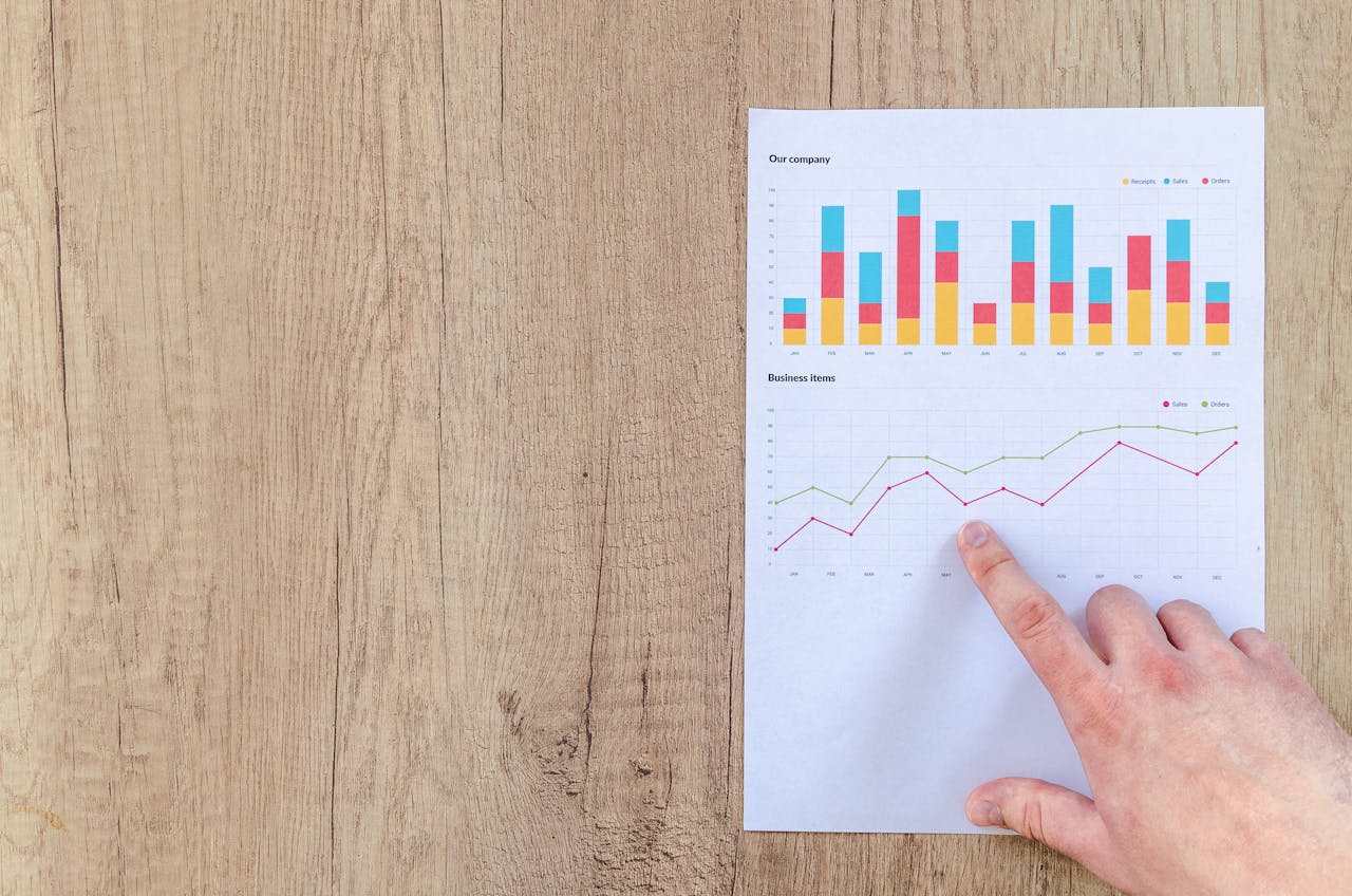 creative-01 Hand analyzing business graphs on a wooden desk, focusing on data results and growth analysis.