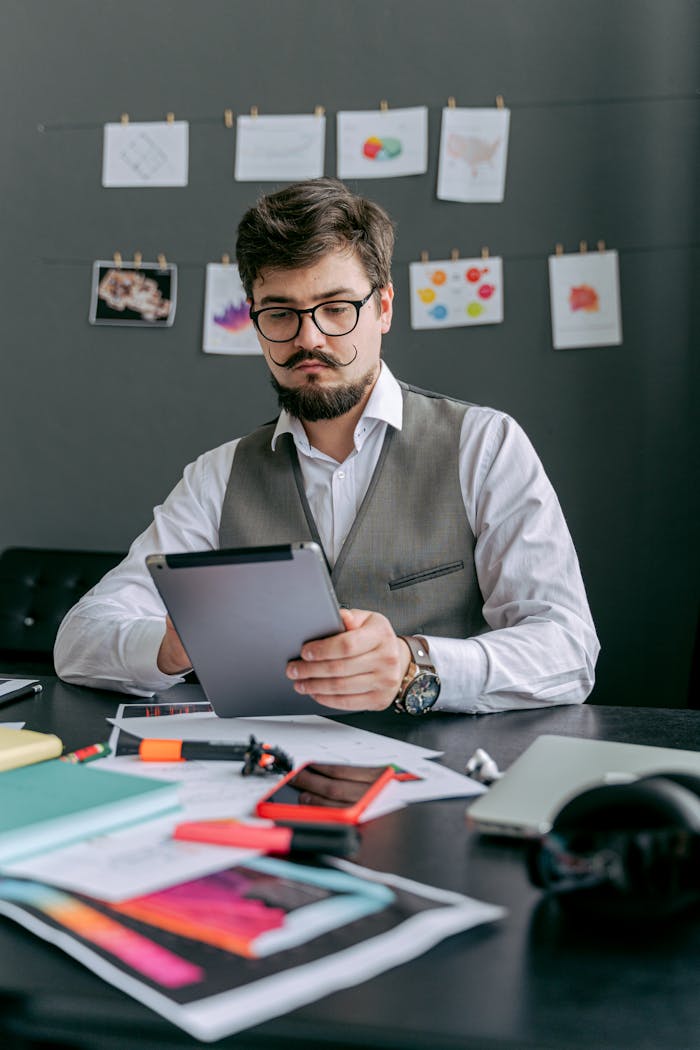 A business professional using a tablet at a desk in a stylish office setup with creative artworks.