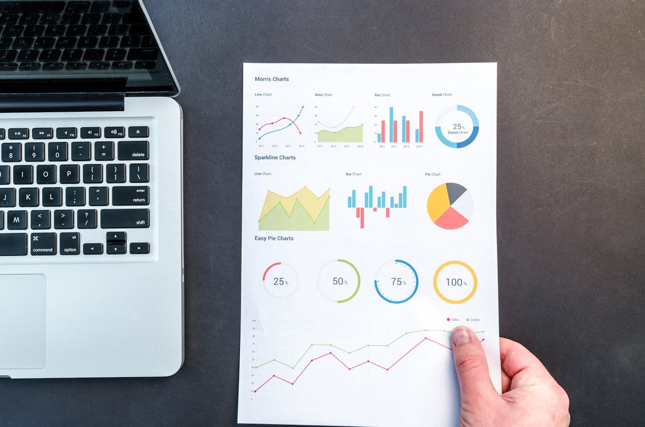 brand-01 Detailed charts and graphs on a document next to a laptop, representing data analysis.